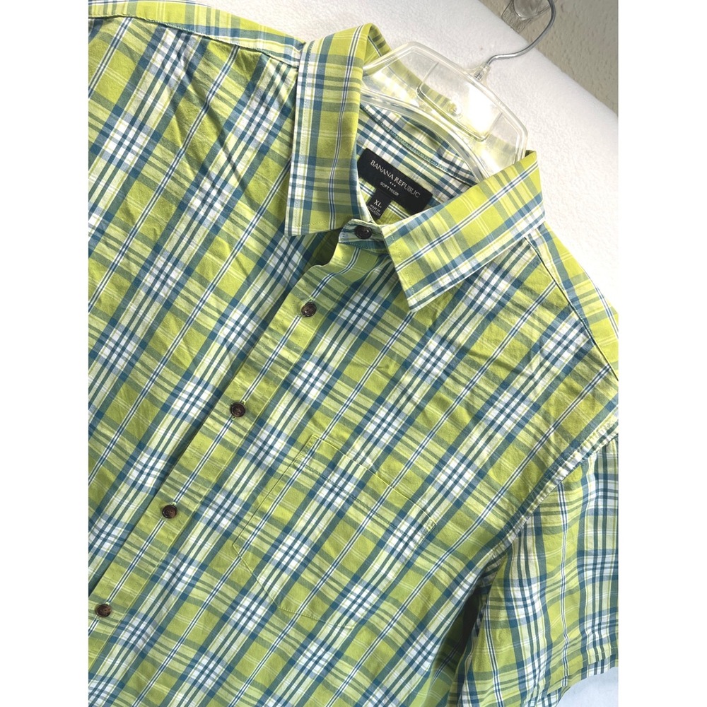 Banana Republic Mens XL Soft Wash Plaid Short Sleeve Button Down Shirt Green